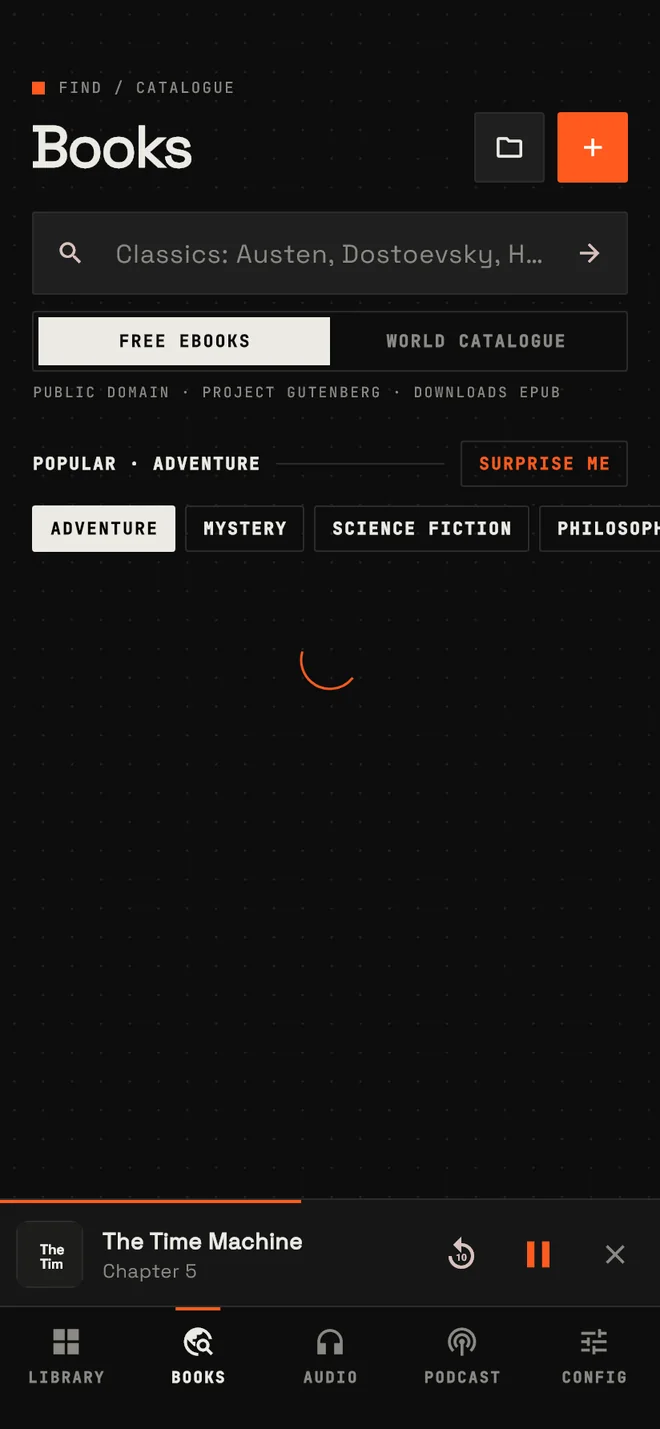 The Books screen listing free EPUBs from Project Gutenberg, each with a Get EPUB button.