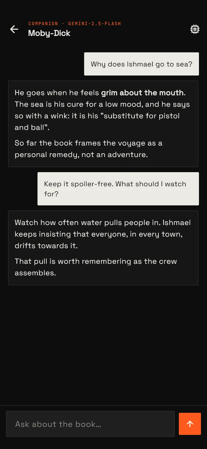 A chat with the AI companion about Moby-Dick, answering without spoilers.