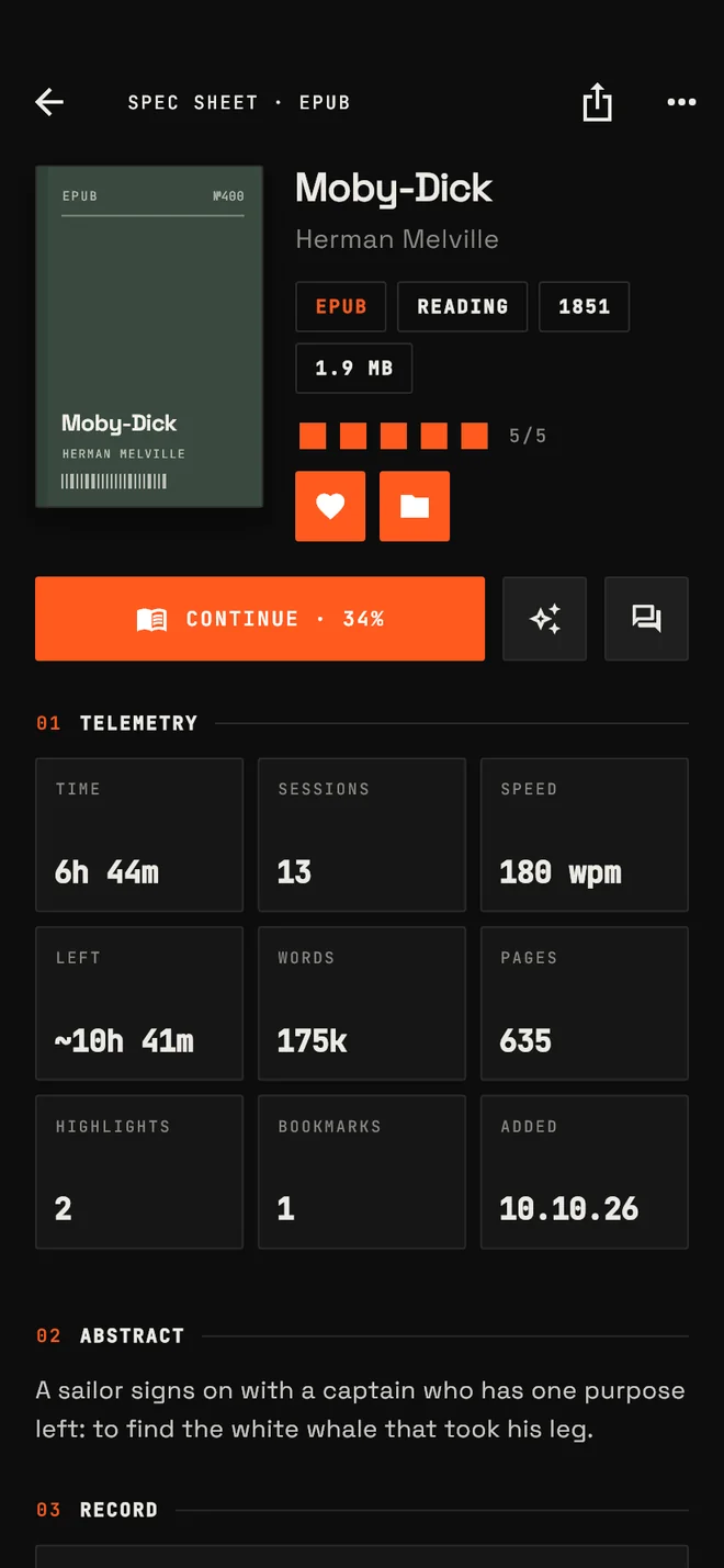The book detail screen with rating, format, reading speed and time left.