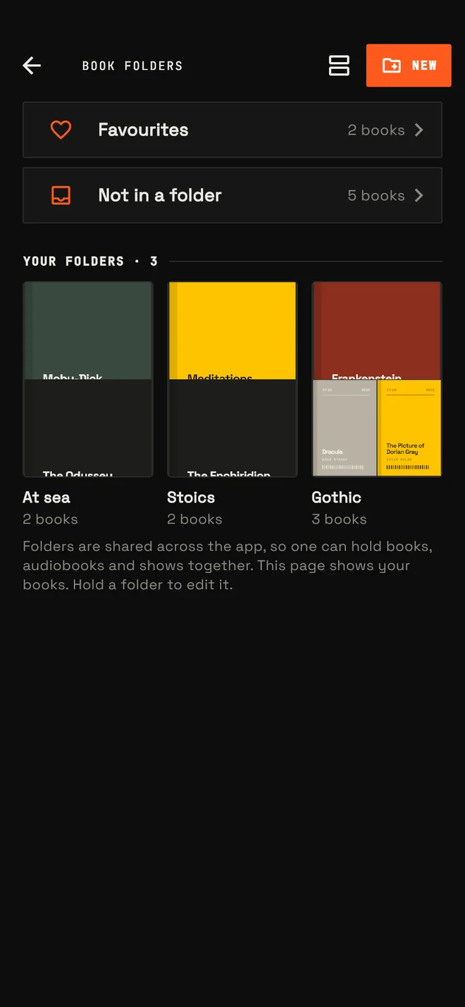 Book folders, with smart rows for favourites and unfiled books above your own folders.