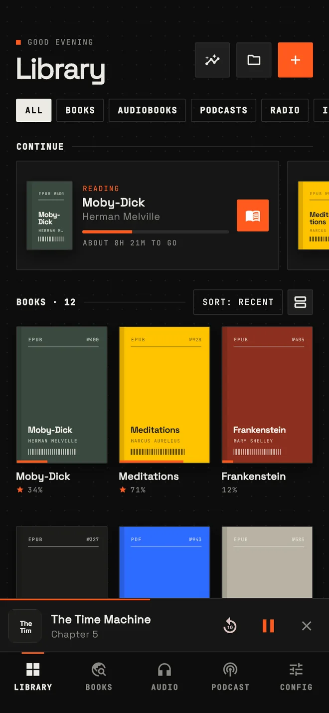 The Library screen of Alexandria: a continue-reading card above a grid of book covers.