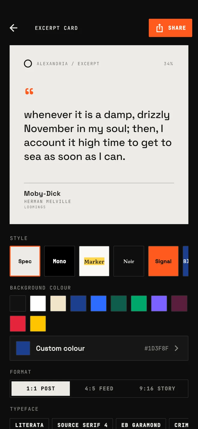 The card studio in the app: a preview above style, background colour, format and typeface controls.