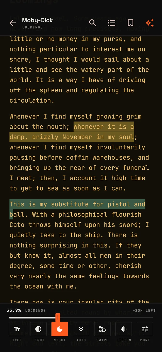 The reader on the Amber CRT surface in JetBrains Mono.