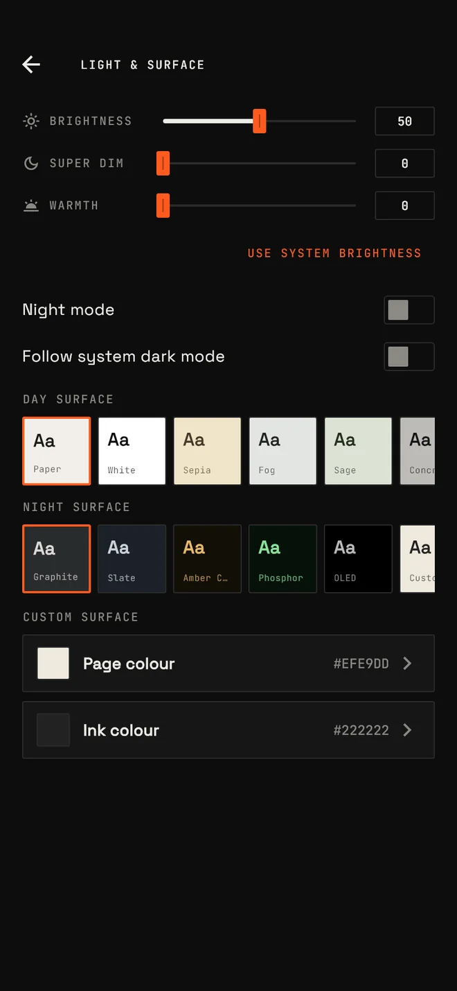 The Light and surface settings: brightness, super dim, warmth and the day and night surfaces.