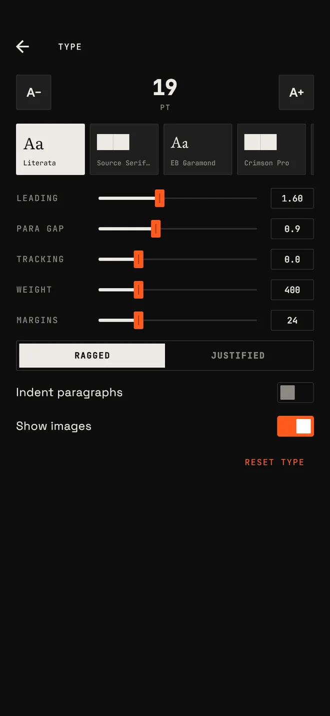 The Type settings: typeface, leading, paragraph gap, tracking, weight and margins.