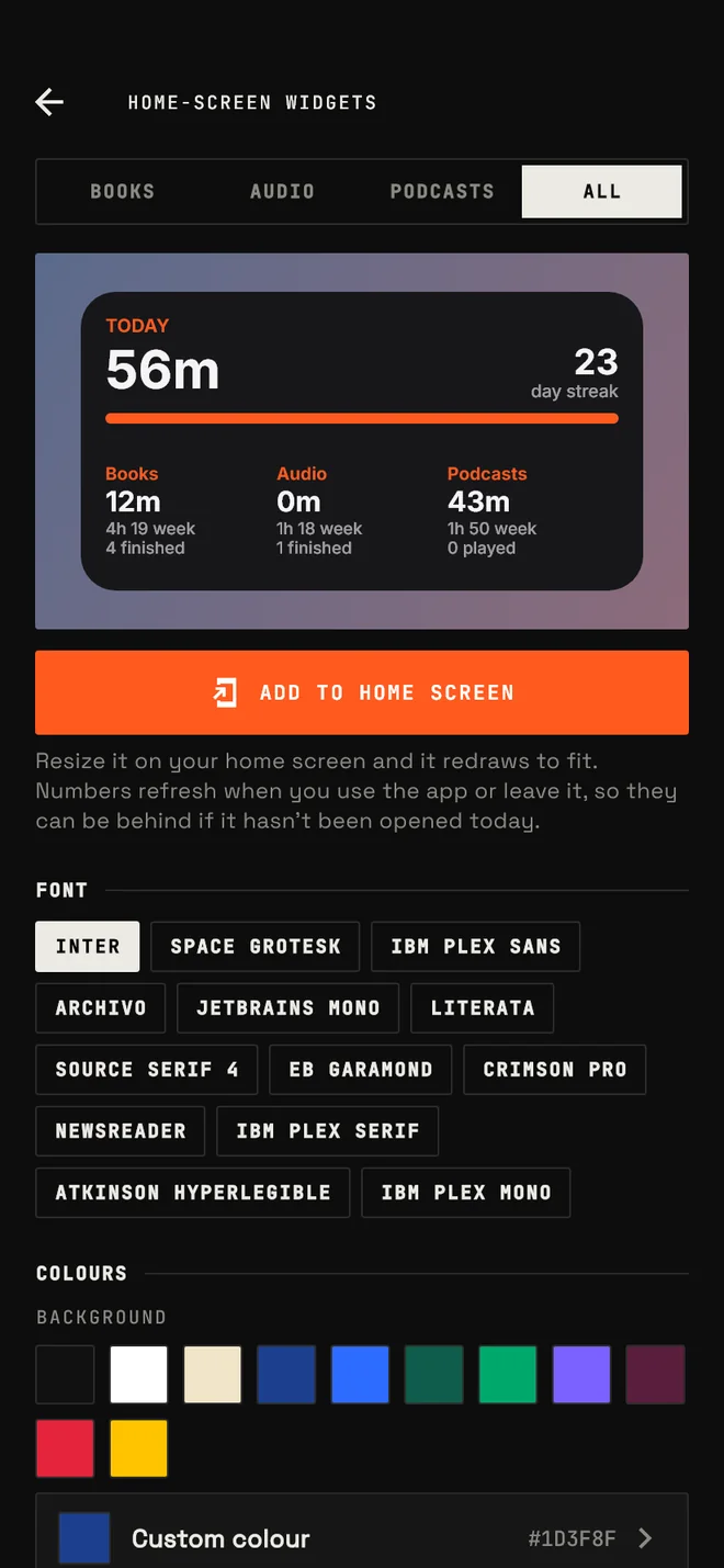 The home-screen widget customiser with font and colour options.